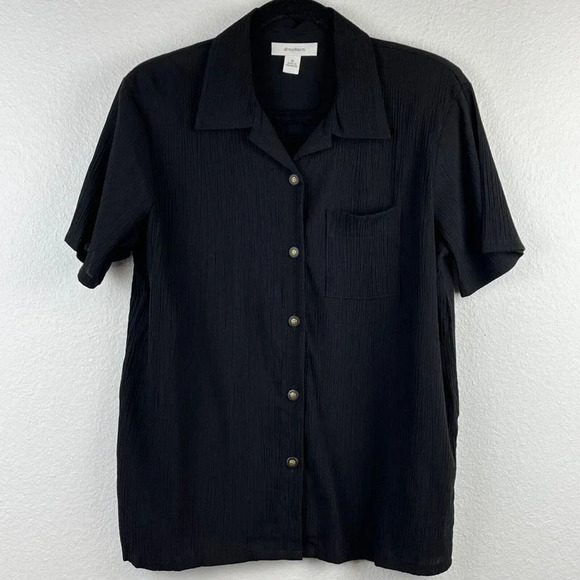 Dressbarn Blouse Womens Size M Collared Button Front Slit Crinkled Chiffon Black - Picture 1 of 9